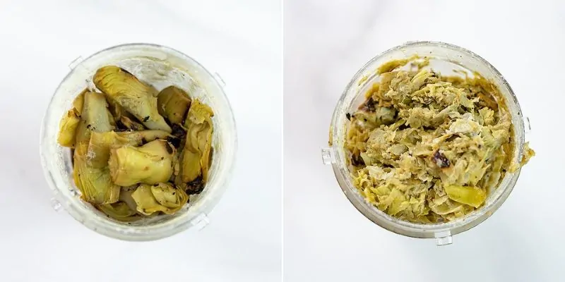 Artichoke hearts in a blender before and after blending