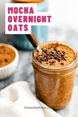 Glass jar filled with mocha overnight oats.
