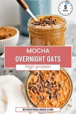 Glass jar filled with mocha overnight oats.