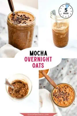 Glass jar filled with mocha overnight oats.