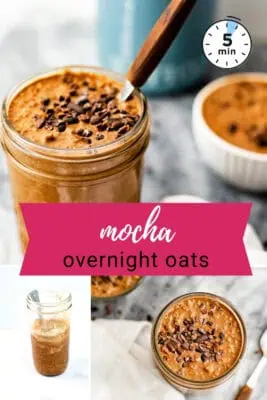 Glass jar filled with mocha overnight oats.