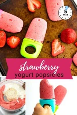 Strawberry yogurt popsicles on a sheet pan.