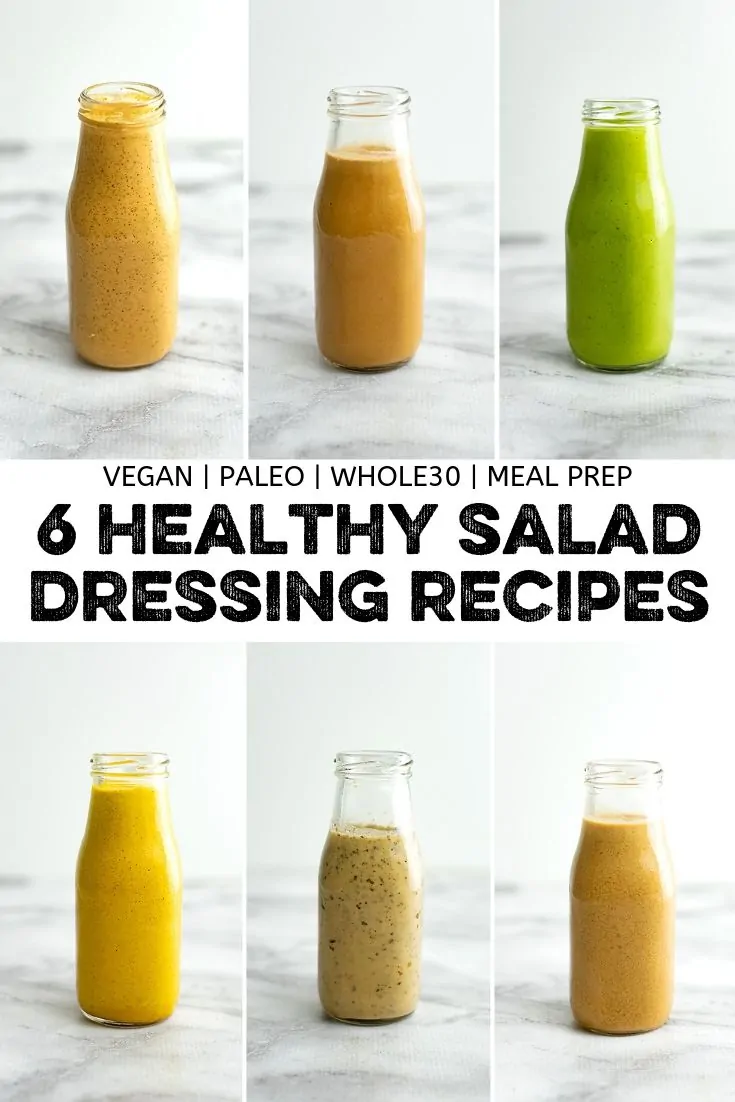 Collage of 6 healthy salad dressing recipes in glass bottles
