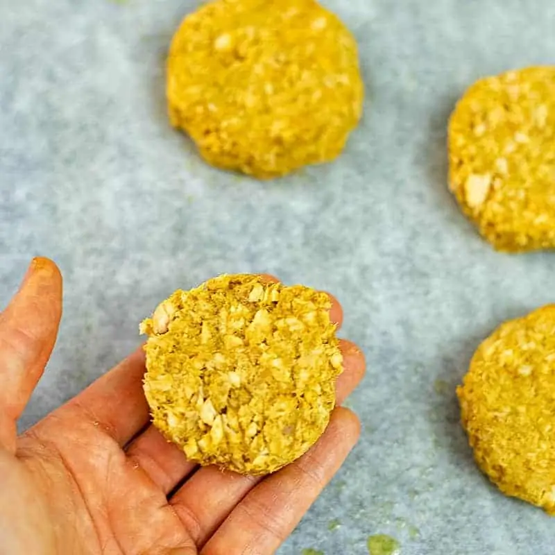 Hand holding a formed curry salmon patty