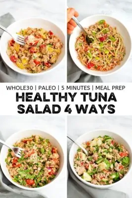Collage of Healthy Tuna Salad Recipes 4 ways.