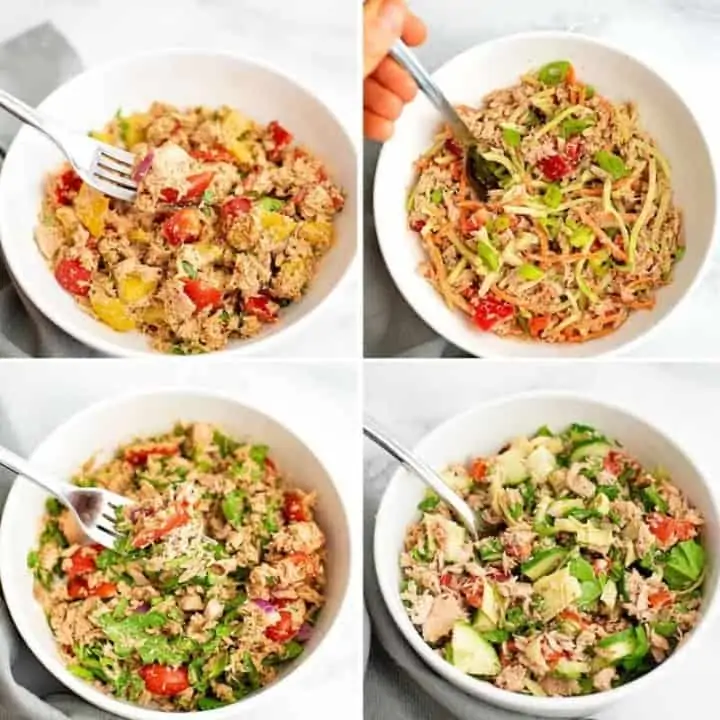 Collage of 4 bowls of healthy tuna salad recipes.