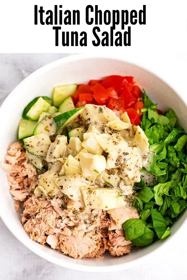 Bowl filled with Italian Chopped Tuna Salad ingredients before stirring.