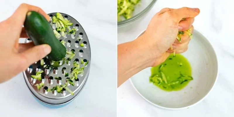 How to make turkey meatballs, grating and squeezing water from a zucchini.