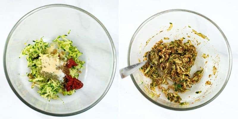 Steps on making meatballs, glass bowl filled with zucchini & spices