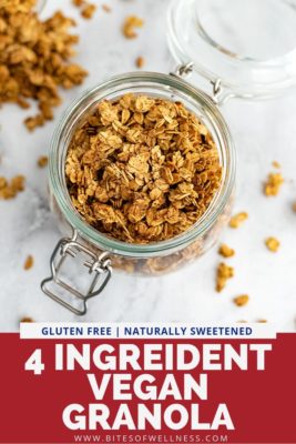 Glass jar filled with vegan granola clusters.
