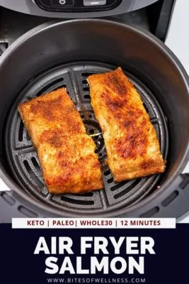 Two pieces of salmon in an air fryer basket