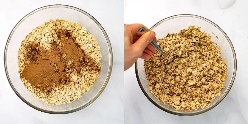 Glass bowl filled with oats and cinnamon before and after stirring.