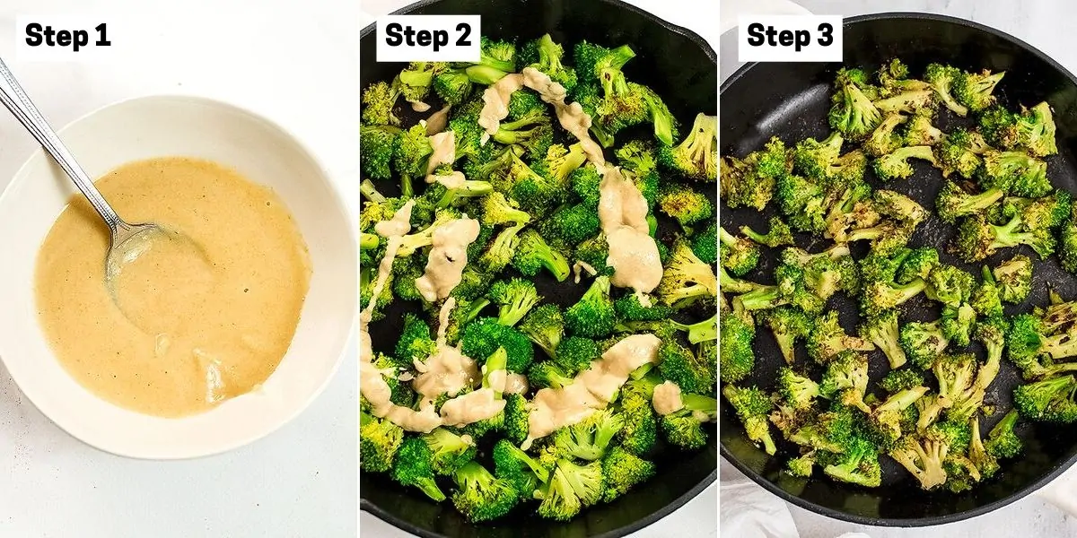 Steps on how to make lemon tahini broccoli.