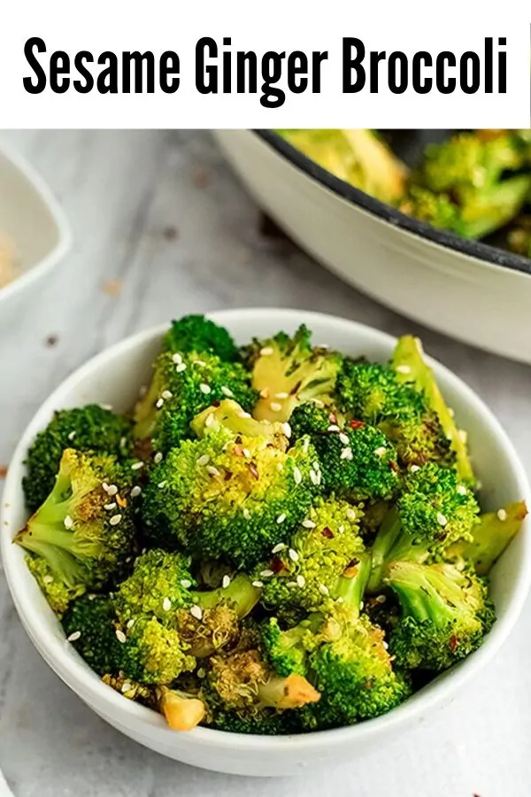 White bowl filled with sesame ginger broccoli.