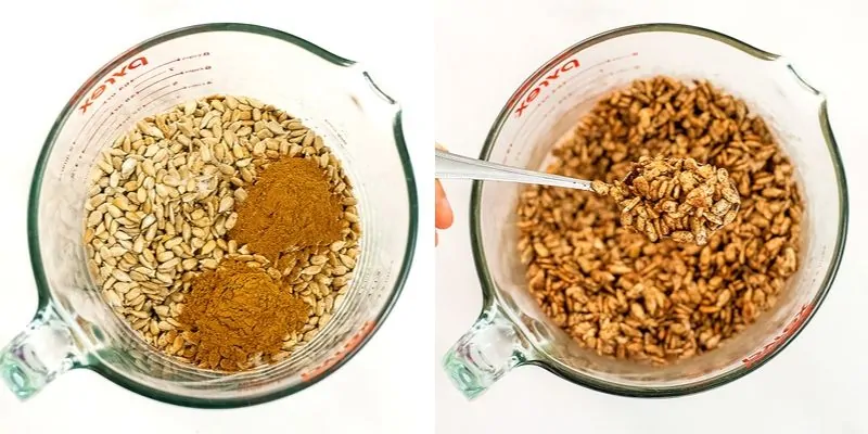 Collage: How to make pumpkin spice sunflower seeds