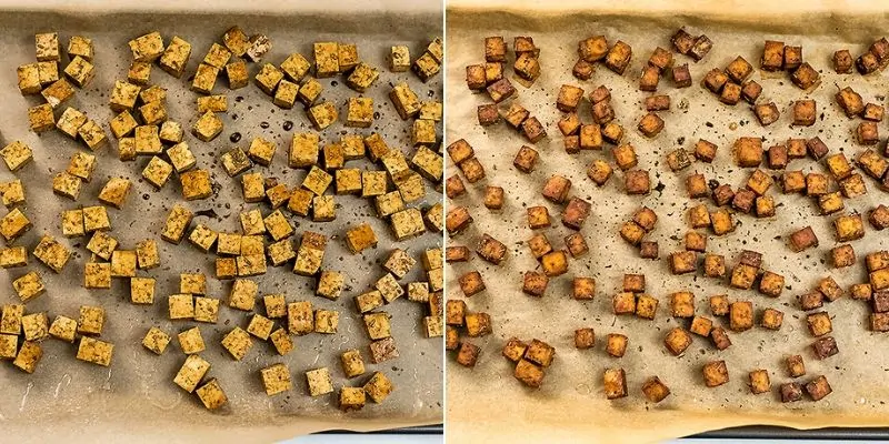 Balsamic tofu before and after cooking.