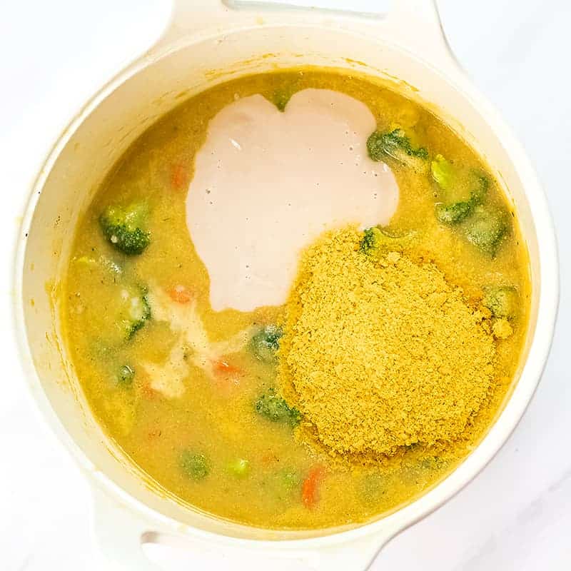 Soup with nutritional yeast, pureed beans and the soup.