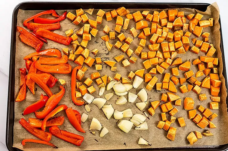 Vegetables for sweet potato red pepper soup after roasting.