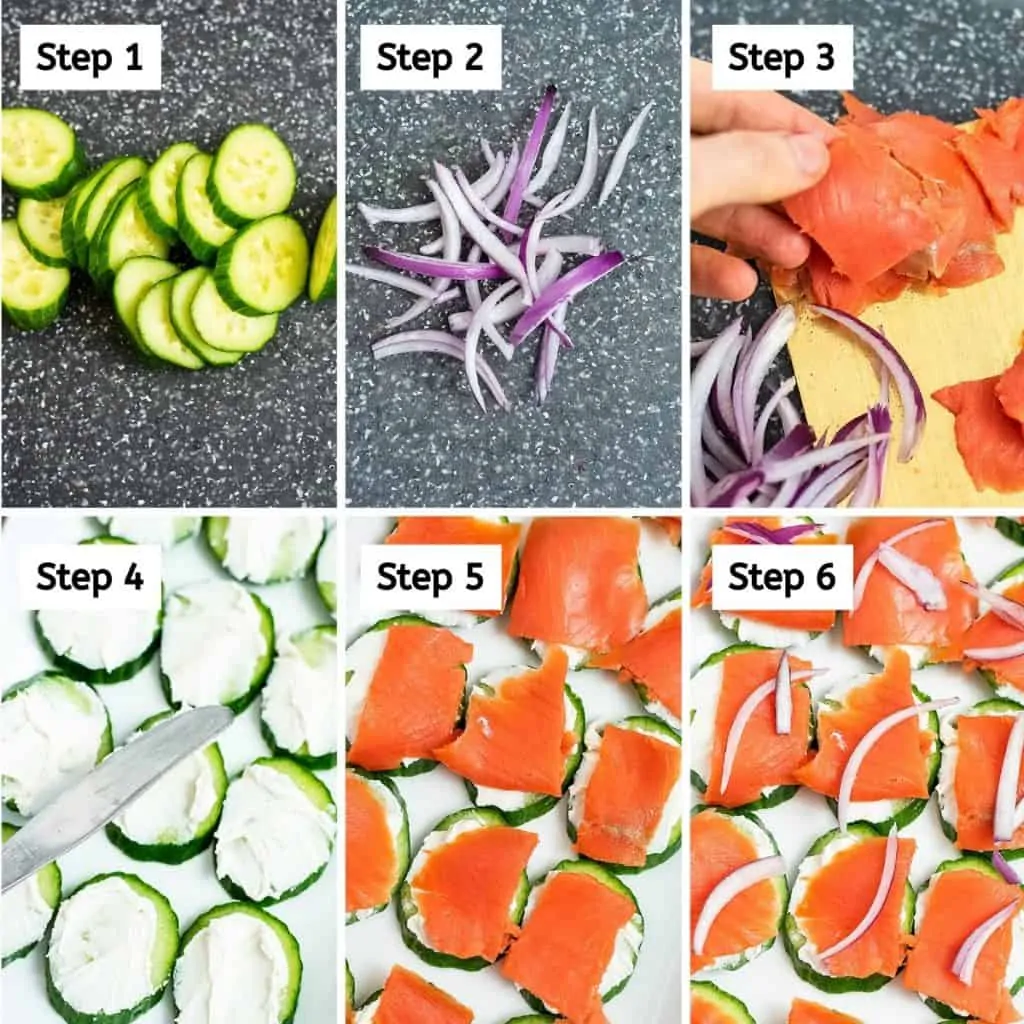 Steps on how to make cucumber smoked salmon bites.