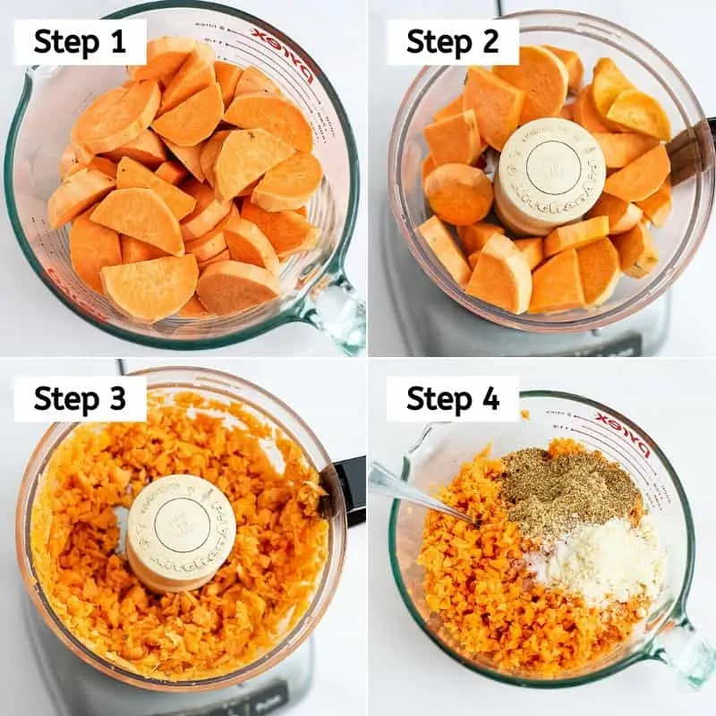 Steps 1-4 on how to make sweet potato tots.
