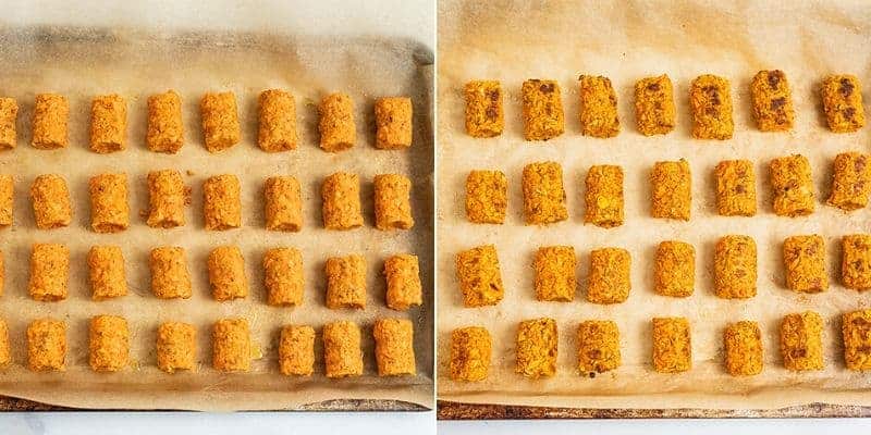 Before and after baking sweet potato tots on baking sheet.