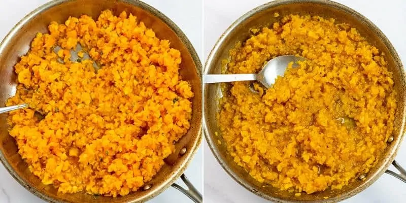 Steps on how to make butternut squash risotto in the skillet.
