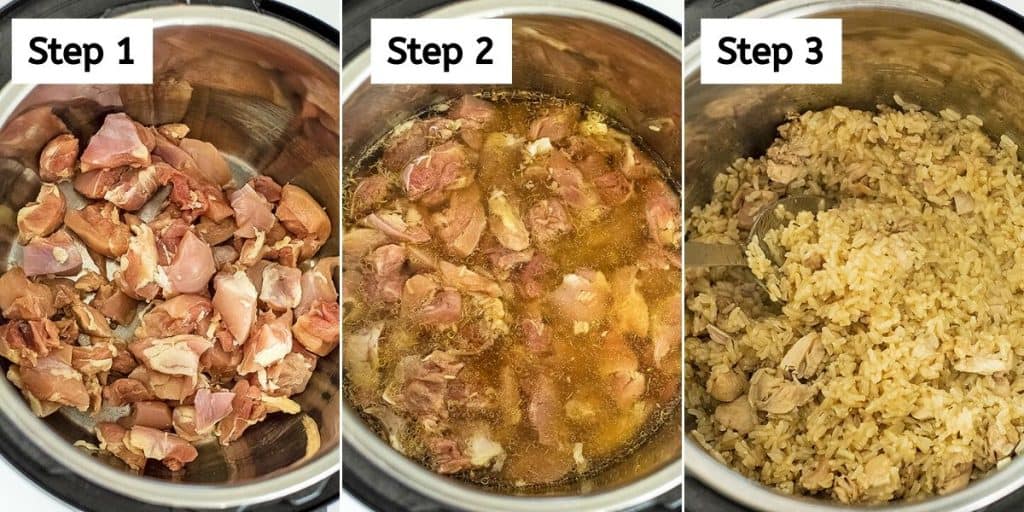Steps on making instant pot chicken thighs and brown rice.