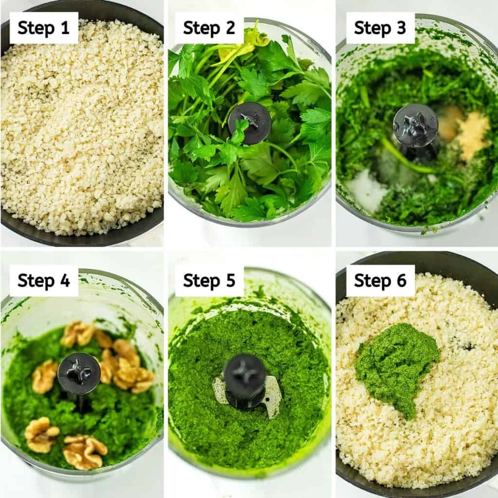 Steps on how to make green cauliflower rice.