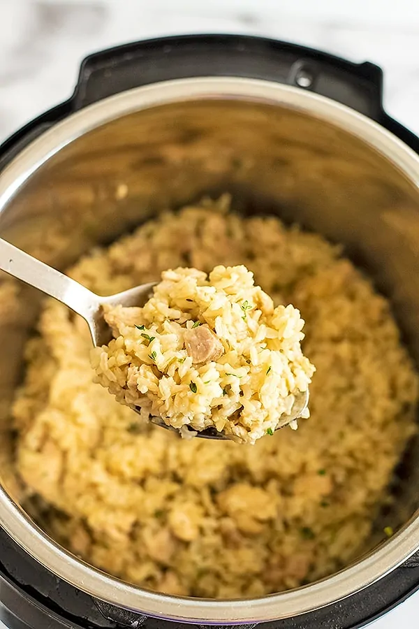 Large spoon filled with instant pot chicken and rice.