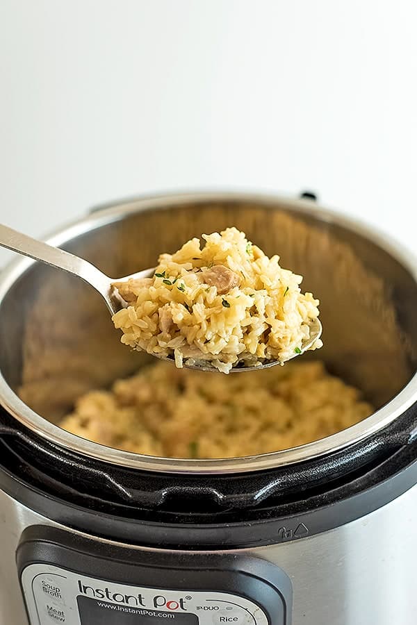 Stainless Steel Spoon Serving Instant Pot brown rice with chicken thighs
