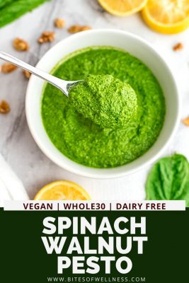 Spoonful of spinach walnut pesto being lifted from the bowl.