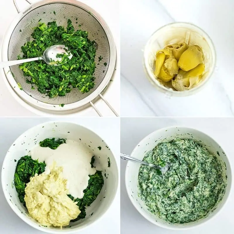 Steps on how to make spinach artichoke stuffing.