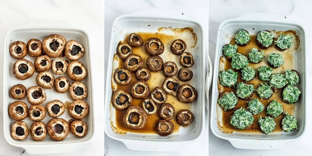 Steps on how to bake stuffed mushrooms.