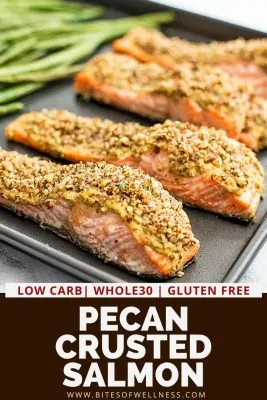 Baking sheet with pecan crusted salmon filets.