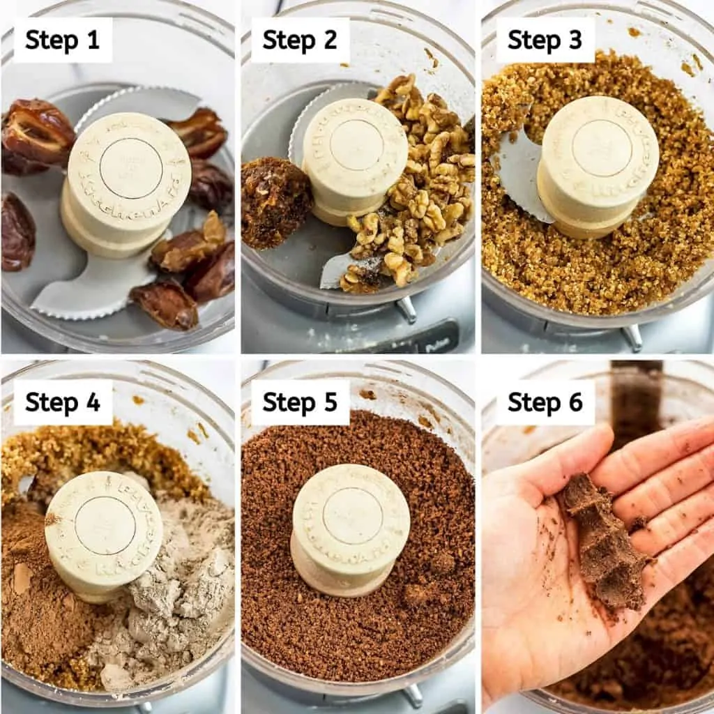 Steps 1-6 on how to make chocolate mint protein balls.