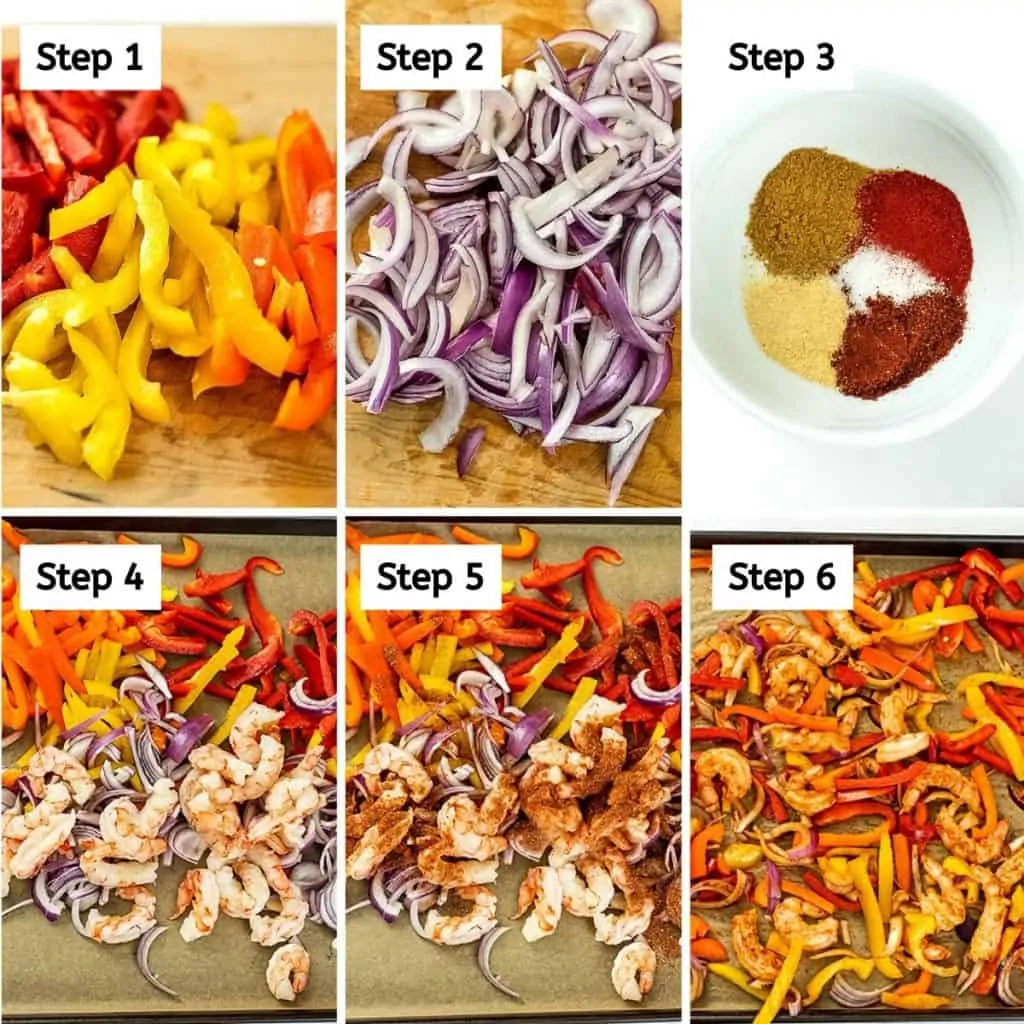 Steps on how to make sheet pan shrimp fajitas.