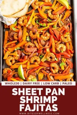 Large sheet pan filled with shrimp fajitas.