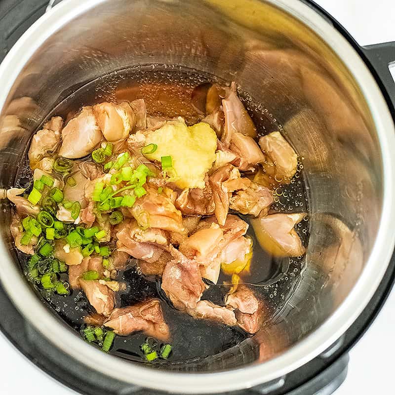 Green onion, coconut aminos and ginger on chicken in instat pot.
