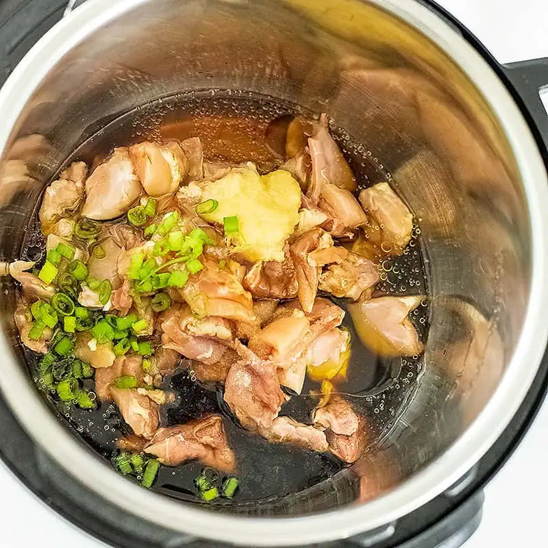 Green onion, coconut aminos and ginger on chicken in instat pot.