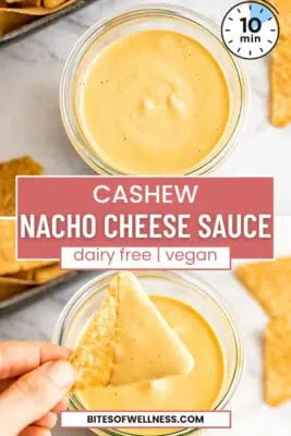 Tortilla chip being dipped in dairy free nacho cheese sauce.