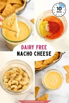 Tortilla chip being dipped in dairy free nacho cheese sauce.