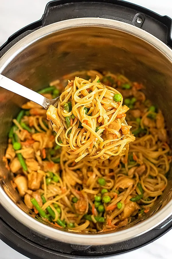 Large spoonful of Asian chicken and noodles over Instant Pot.