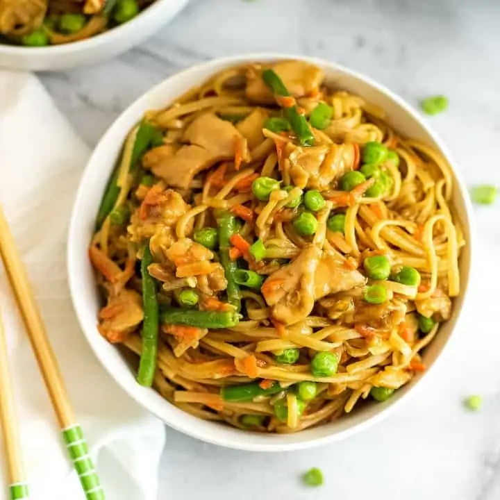 Large bowl of Instant Pot Asian Chicken and Pasta.