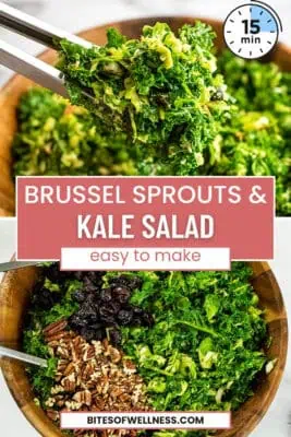 Tongs picking up kale brussel sprouts salad from wood bowl.