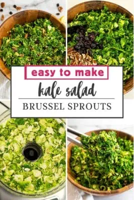 Tongs picking up kale brussel sprouts salad from wood bowl.