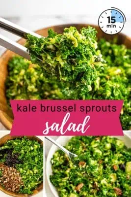 Tongs picking up kale brussel sprouts salad from wood bowl.