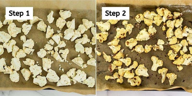 Cauliflower florets before and after roasting.