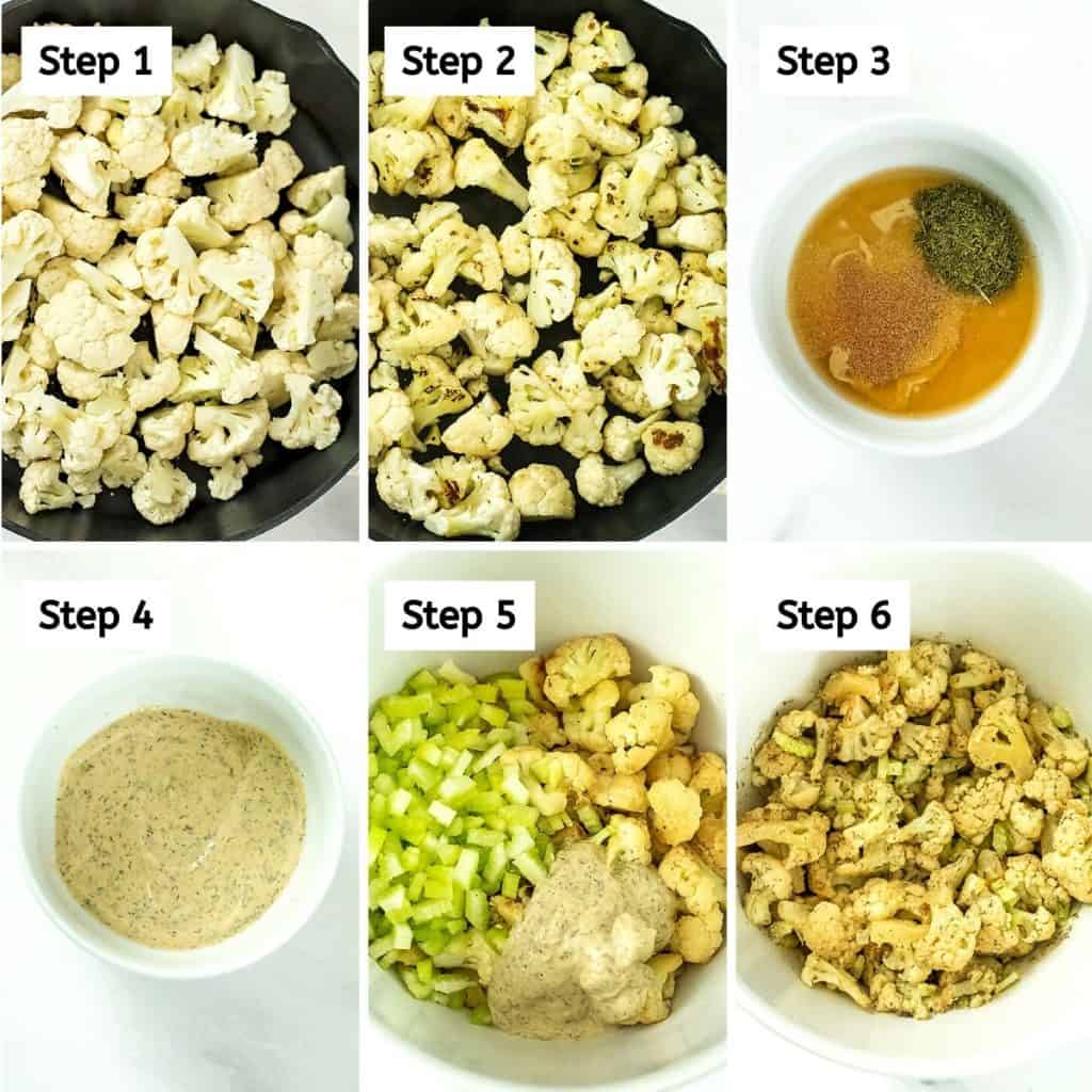 Steps on how to make cauliflower potato salad.