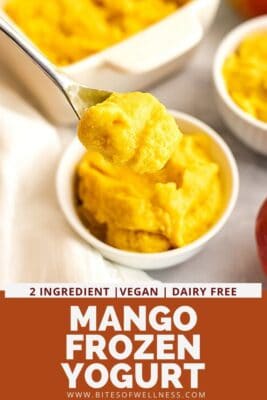 Spoonful of mango frozen yogurt over a bowl.