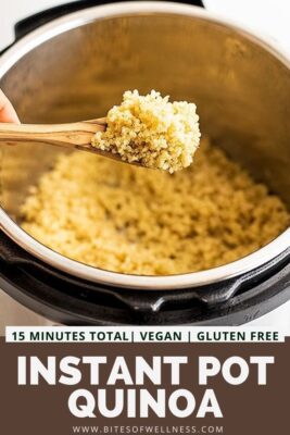 Large spoon of quinoa over the instant pot filled with quinoa.